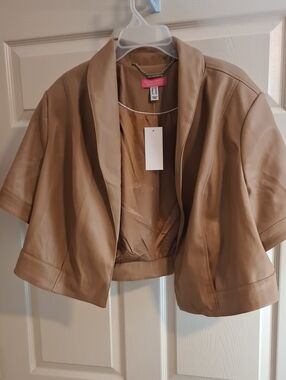 Isaac Mizrahi Cropped Open-Front Jacket in Tan